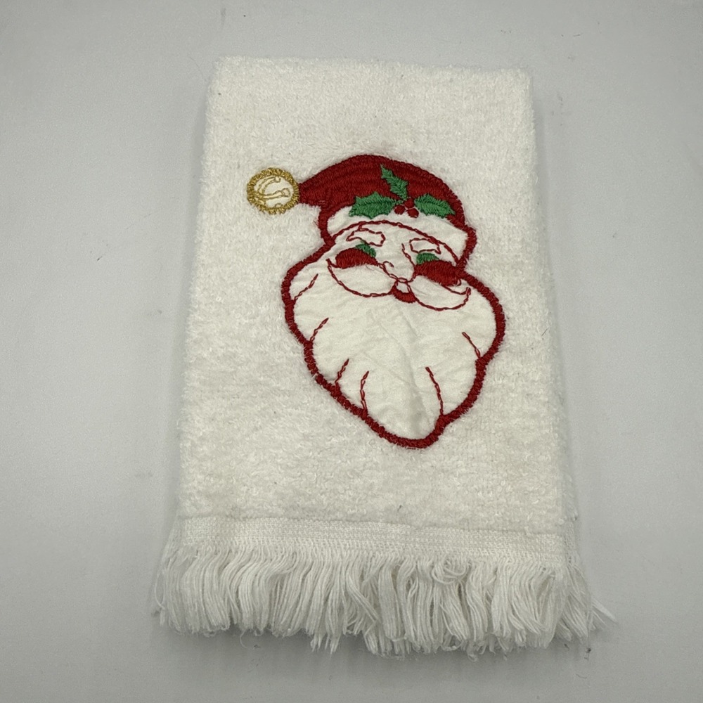 Vintage Cannon Hand Fingertip Towel Christmas Embroidered Santa's Red & White